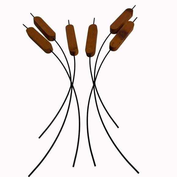 MCM Cattail Stems Wall Hanging Decorative Wood Metal Rustic Cabin Set of 2 - Picture 1 of 14